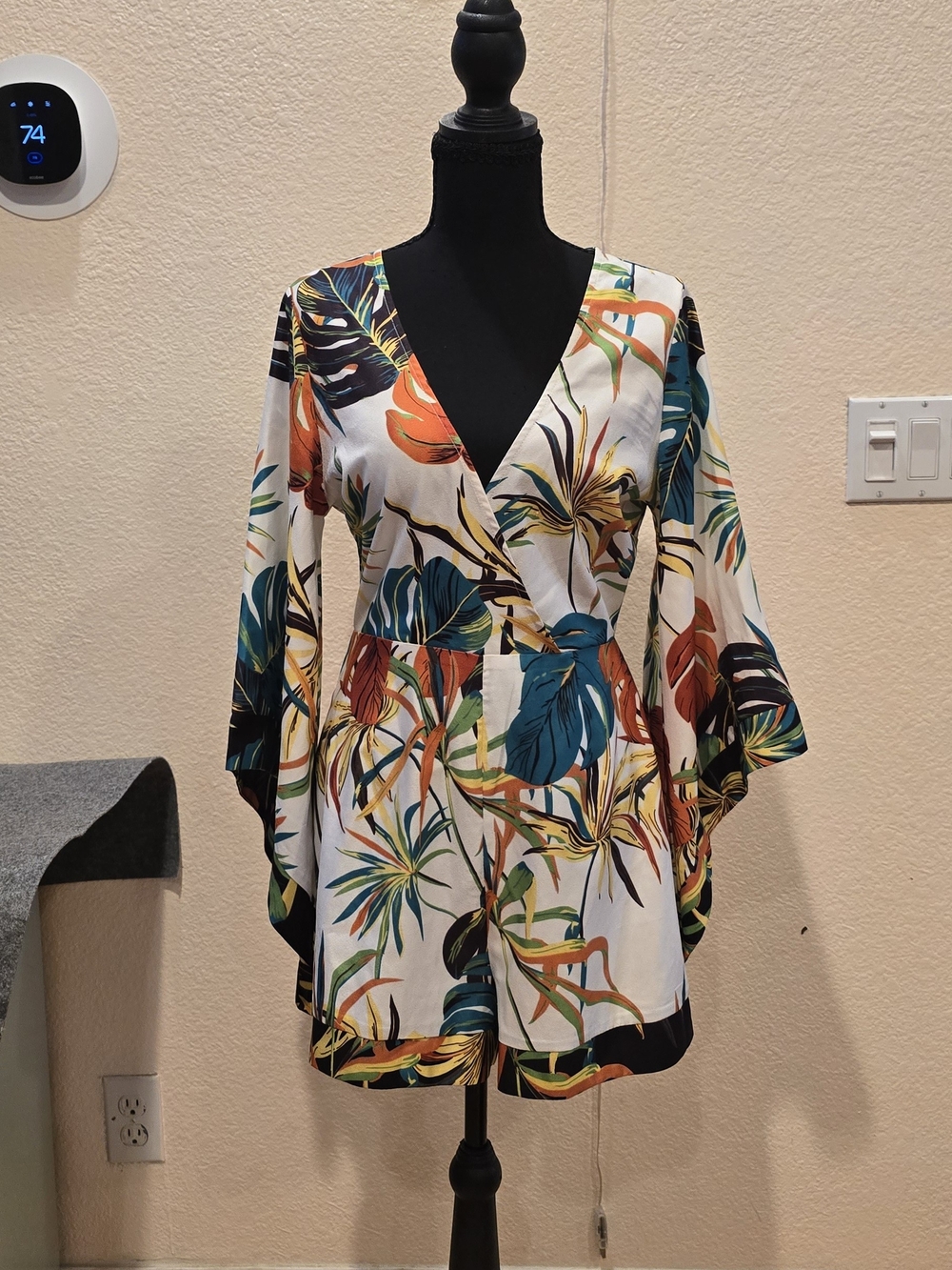 White Tropical Wrap Romper with Multi-Color Leaf Print